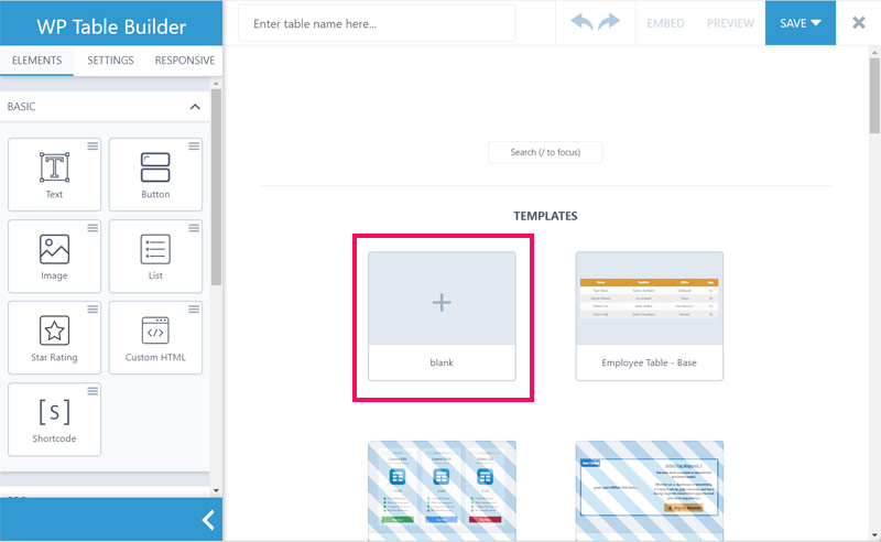 WP Table Builderで空の表を作成する